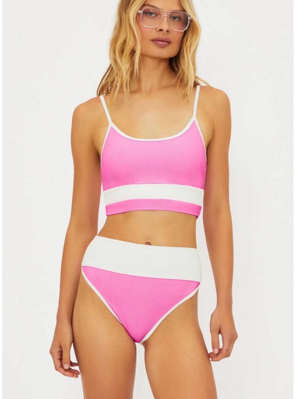 Beach Riot Pink and White Ribbed High-Waist Bikini